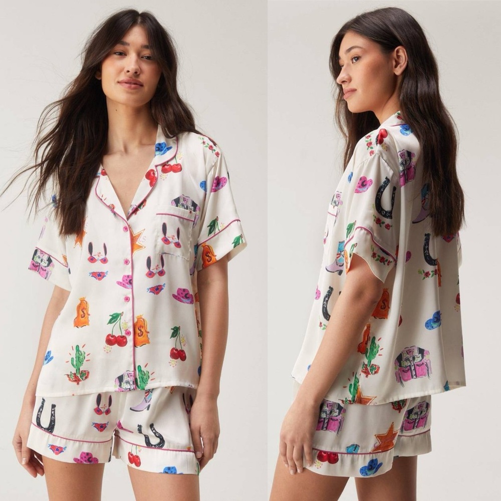 Nasty Girl Satin Cowboy Western Pajama Shorts Set Small NWT